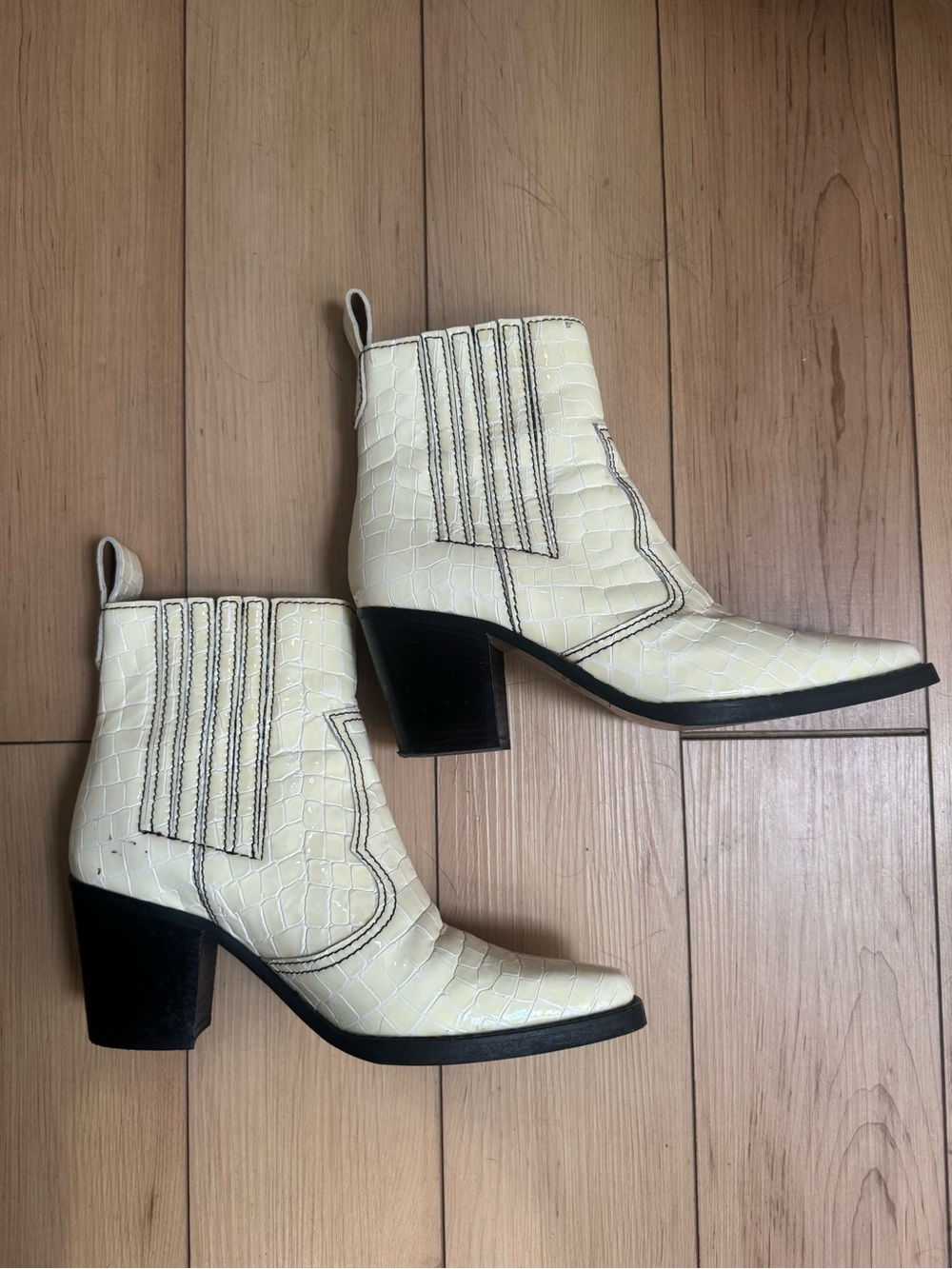 Ganni Cream Croc-Embossed Leather Ankle Boots